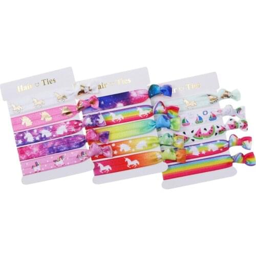 5/8" popular rainbow hair ties fold over elastic foe unicorn hair ties for women girls Hair Accessories 5pcs/set 3 sets/lot