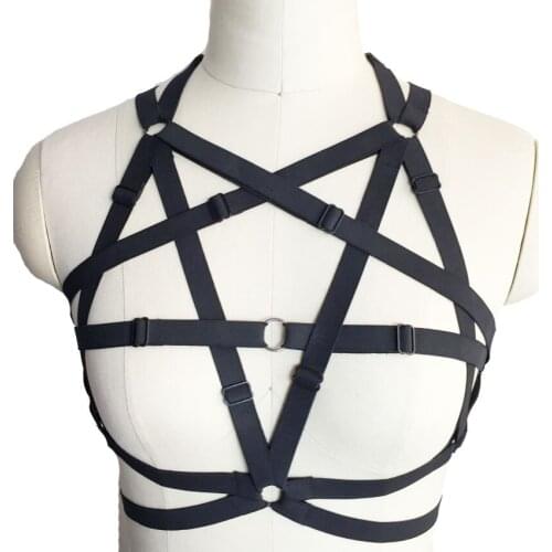 Black Sexy Lingerie pentagram Gothic harness cage bra body cage fetish pentagram Can adjust adult Pole dance harness Harness bra