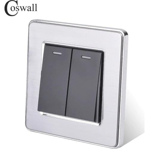 Coswall 2 Gang 2 Way Luxury Light Switch On / Off Wall Switch Pass Through Interruptor Stainless Steel Panel AC 110~250V