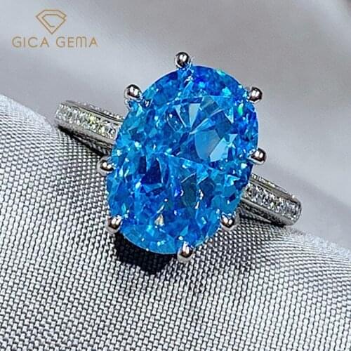 GICA GEMA Women 925 Sterling Silver Rings Oval Blue White Yellow Gemstone Created Diamond Wedding Engagement Fine Jewelry