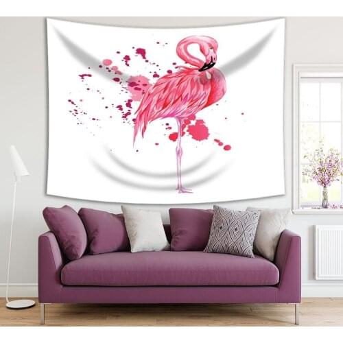 Tapestry Pink Flamingo Elegant Tropical Bird Summer Beach Watercolor Splashes Paint Drops Artwork Printed