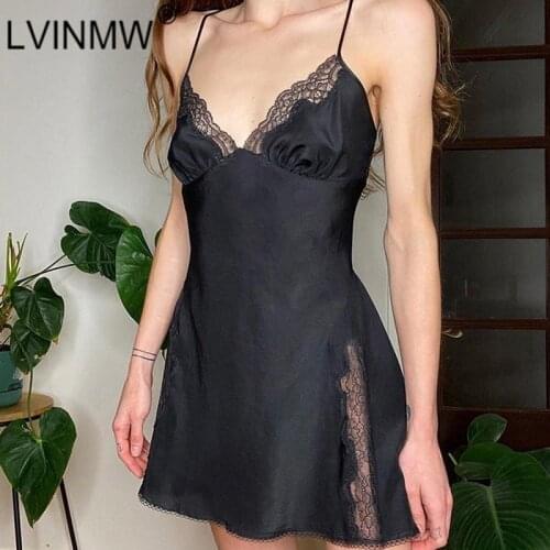 LVINMW Sexy Smooth Spaghetti Straps V Neck Sleeveless A-line Mini Dress Zip Up With Lace Chic Patchwork Backless Dresses Women