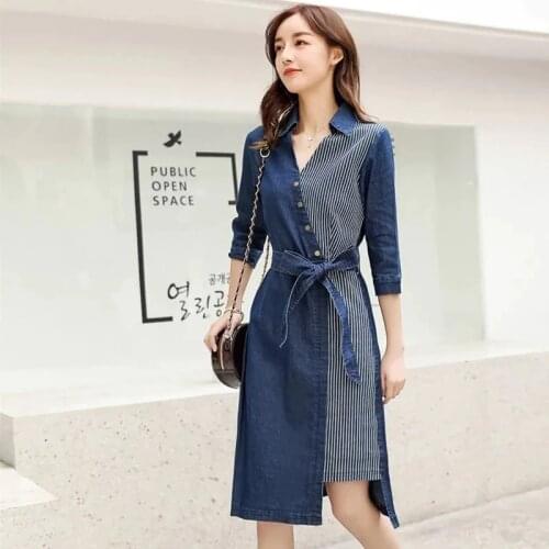 Fashion Half Sleeve Patchwork Denim Dress With Belt Dark Blue Knee-Length Dress Female Slim Korean Style Spring Womens Clothing