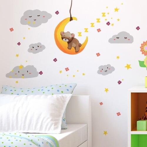 Cartoon Clouds Moon Bear Wall Stickers Kids Room Decor Aesthetic Children Bedroom Wall Decals Nursery Wallpaper Mural