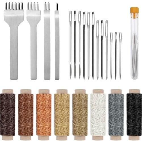 BMBY-24 Pcs Leather Sewing Tools Stitching Pouch Kit with 4mm Punch Stitching Chisel, Waxed Thread and Stitching Needles