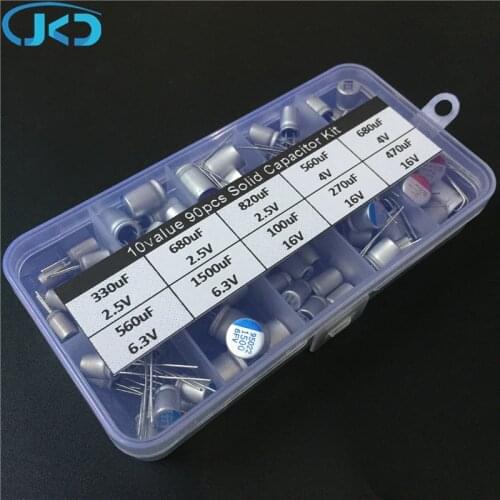 10values 90pcs solid capacitor assorted kit 2.5V/4V/6.3V/16V 100uF 270uF 330uF 470uF 560uF 680uF 1500uF with free storage box