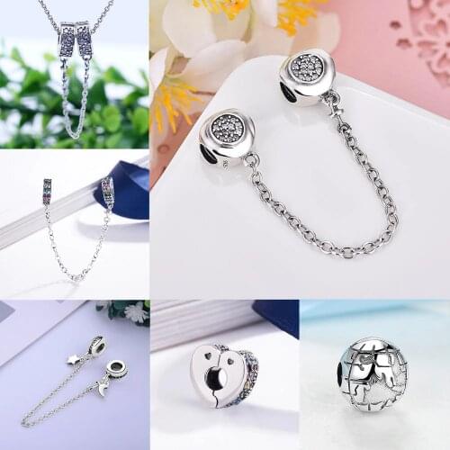 New 925 Sterling Silver Beads Dazzling Elegance Thread Safety Chain Clip Charm Clear CZ Fit Pandora Bracelet DIY Women Jewelry