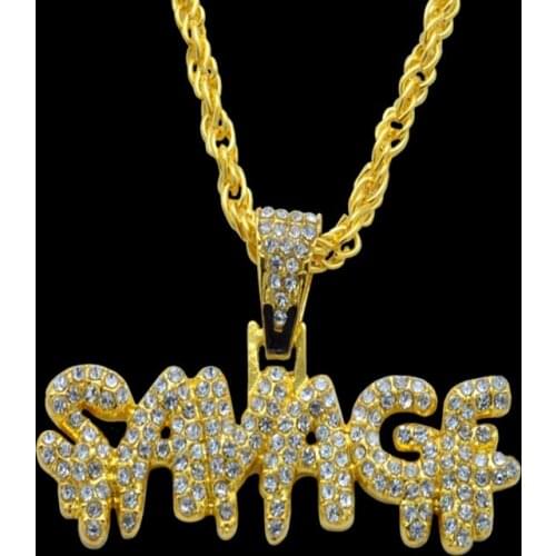 Hip Hop Necklace Brass Gold Color Iced Out Chains Micro Pave Cubic Zircon SAVAGE Pendant Necklace Charm For Men Gifts