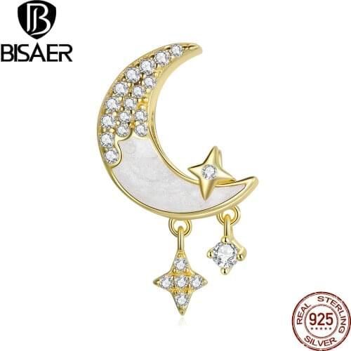 Bisaer Authentic Moon Goddess 925 Sterling Silver Gold Color Charm Pendant for Women Bracelet Bangle Necklace Jewelry EFC427
