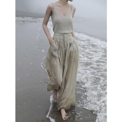 Tencel linen wide leg pants with high waistline, thin, loose and slim pants, fashionable and cool casual pants D1133