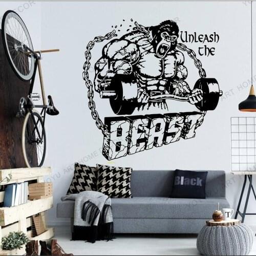 Art Gym Wall Decal Unleash Beast Fitness Motivational Quote Vinyl Sticker Home Crossfit Sport Living Room Wall Poster WZ21