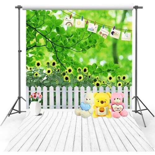Vinyl Photography Backdrop Spring Tree Sunflower White Wooden Floor Fence Bear Toy Decor Children Background Photo Studio