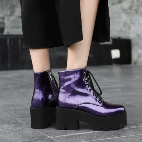 2021 Winter Patent Leather Ankle Boots Thick Bottom Chunky Heel Lace-up Platform Boots Plus Warm Short Booties Female Footwear