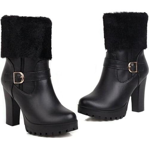 ZJVI Women Ankle Boots Winter Autumn Thick Plush Warm 2020 Female Womens Woman Square Heels Boots Ladies Black Platform Shoes