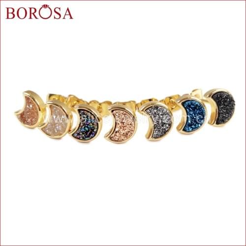 BOROSA 5/10Pairs Gold Color Bezel Moon Shape Rainbow Titanium Druzy Stud Earrings Agates Drusy Earring for Women Jewelry ZG0282