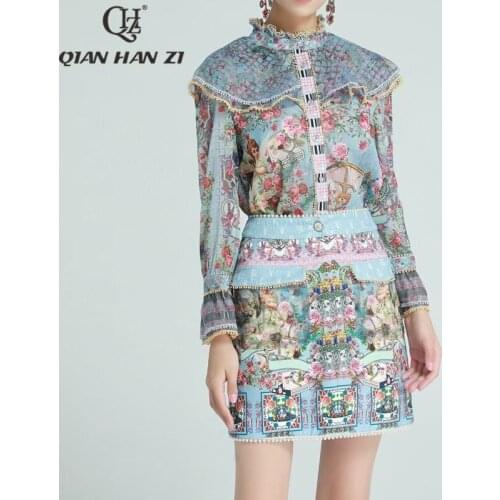 Qian Han Zi fashion runway 2-piece set Long sleeve ruffled cloak shirt+Retro pattern print bodycon skirt suit Women New 2021