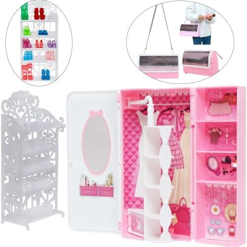 2 Pcs / Set High Quality DIY Bedroom Furniture Dress Wardrobe + White Shoes Rack for Barbie Doll Accessories Playhouse Kids Toy