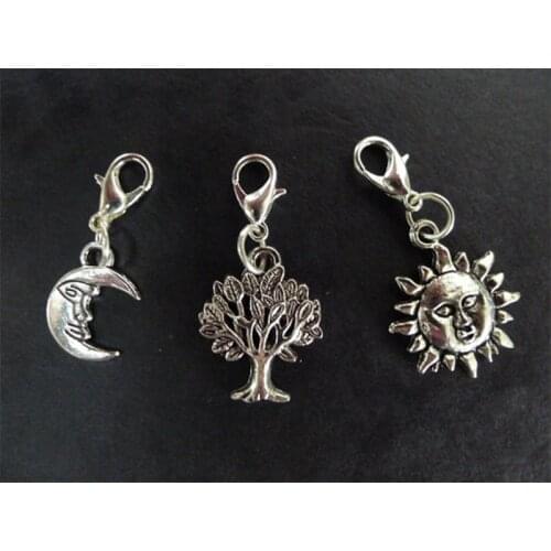 3 Pcs Clip On Wiccan Bracelet Charms sun moon tree pagan wicca silver set charm