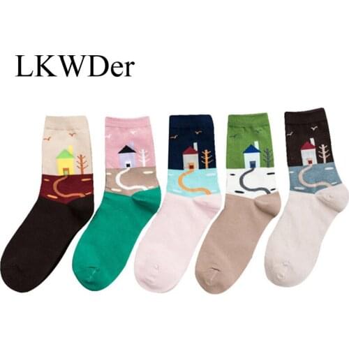 LKWDer 5pairs Vintage Women Cartoon Patterned Funny Socks Fashion Cute Kawaii Short Socks Female Cotton Art Kawaii Socks Art