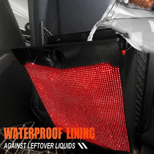 Car Trash Can Bling Crystal Waterproof Garbage Bag Passenger Side Artificial Leather Storage Pocket Leak Proof Reusable