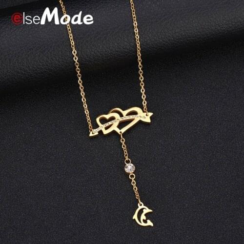ELSEMODE Cute Dolphin CZ Stone Cupid Heart Pendant Steel Gold Necklace 316 L Stainless Steel For Women Gift Jewelry