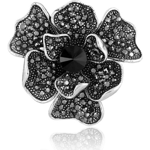 Ethnic Antique Black Full Black Rhinestone Flower Style Brooches For Women Men Good Quality Coat Scarf Shawl Jewellery BR1486