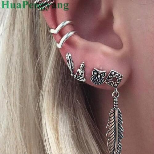 Personality and elegance 6 pieces/set of ethnic bohemian retro earrings feather owl earrings