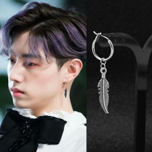 Korea New Men Punk Stud Earrings Alloy Hipster Rock Feather Tree leaf Pendant Ear Clip Guys Hip Hop Women Boys Earring Unisex
