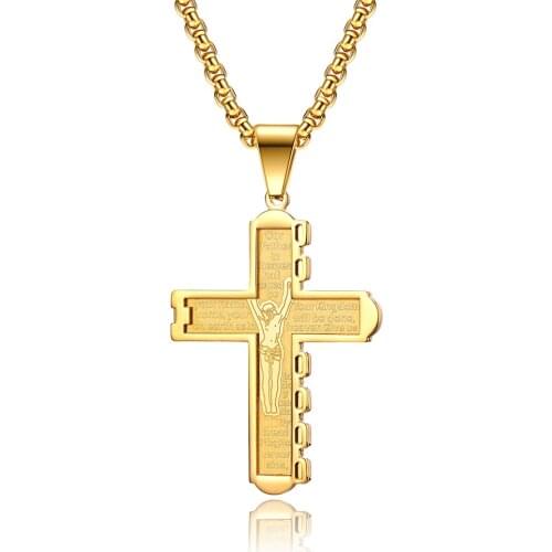 The cross, the cross pendant with good crucifixion scriptures, mens double-layer steel and gold 53mm long necklace