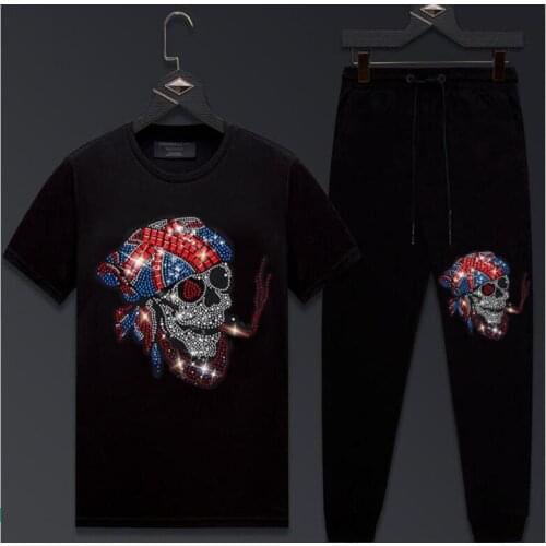 New Men short Sleeve Rhinestones Tracksuit Sweatshirt Suit tshirt+ pants Jogging Homme big size 4XL Suit Male