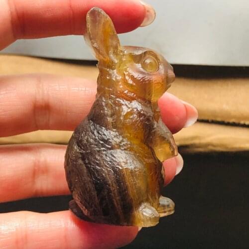 Natural Yellow Fluorite Rabbit Crystal Figurine Carved Healing Reiki Meditation Gifts Stones