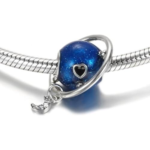 Authentic S925 Pendant Bead Earth & Moon Dangle Charm fit Lady Bracelet & Bangle DIY Jewelry