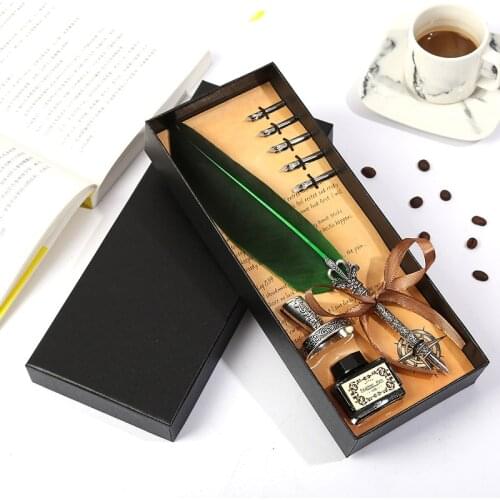 Natural retro short goose feather crown metal pen ink pen holder student teacher pen school stationery set feather pen
