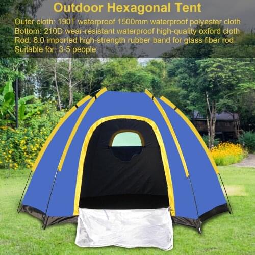 Hot Sale 3-5 Person Hexagon Camping Tent Outdoor Camping Tent 190T 210D Fiberglass Waterproof Camping Hiking Tent