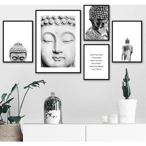 Sakyamuni Buddha Statue Qoutes di Arte Della Parete della Tela di Canapa Pittura Nero Bianco Nordic Poster E Stampe di Immagini
