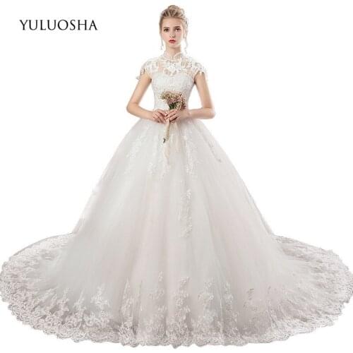 YULUOSHA Boho Wedding Dress Lace Appliques O-Neck Cathedral/ Royal Train Elegant Dress Arabic Dress Elegant Vestidos De Novia