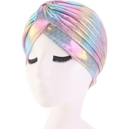 Laser Hair Caps Women Silky Ruffle Metallic Turban Hair Cover Accessories Wave Caps Bonnet Salon Hat Turban Jewelry Accessories