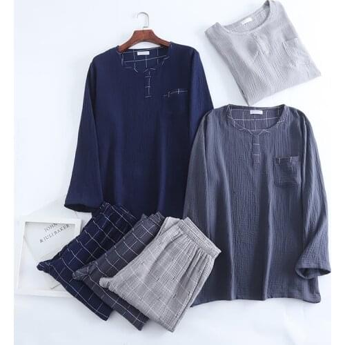 2021 Spring Autumn 100% Cotton Mens Pajama Sets Long Sleeve And Short Sleeve Sleepwear Washed Cotton Soft Home Clothes For Men