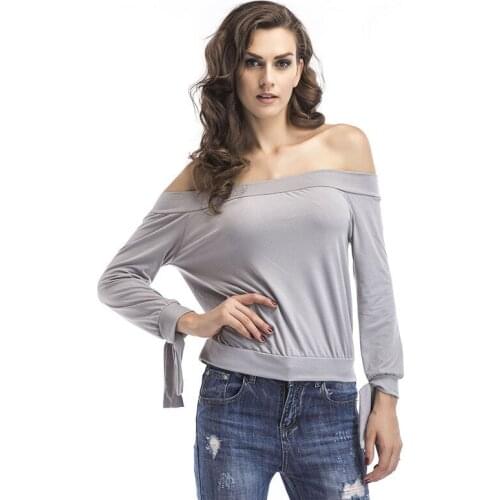 Fashion Woman Tshirts Street Style Casaul Loose Sexy Solid Patchwork Short Shirts for Women Slash Neck Off Shoulder Long Sleeve