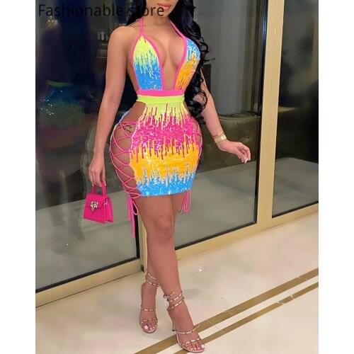 Women Sexy Sequined Colorblock V-Neck Halter Dress Sleeveless Backless Hollow Lace-Up Mini Dress