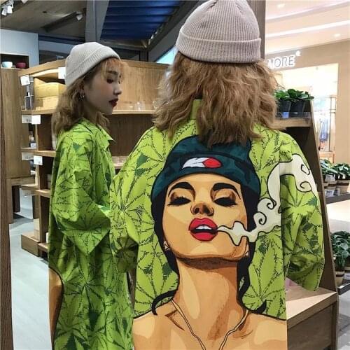 Trendy shirt female green loose five-point sleeve shirt retro student couple beach short sleeve