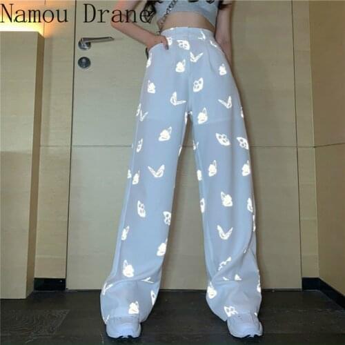 Women Causal Pants Laser Butterfly High Waist Long Trousers 2020 Summer New Korean Causal Wide Leg Pants Femme 6A743