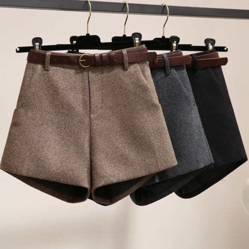 Korean Fashion Work Office Wool Wide Leg Shorts For Women Black Gray Womens Autumn And Winter High Waist Casual Shorts C7621