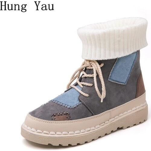 Women Snow Boots Ankle Martin 2018 Winter Warm Female Casual Socks Shoes Woman Flat Fashion Round Toe Lace Up Platform