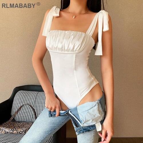 RLMABABY Sexy Ruched White Bodysuit Lace Up Bow Bodycon Romper Jumpsuit Strap Bandage Bodysuit Top Elegant Ladies Basic Bodysuit