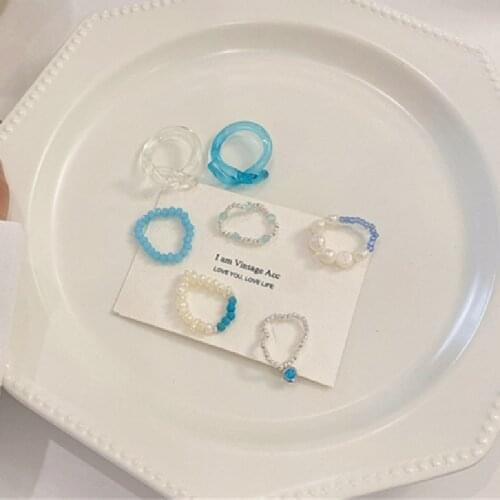 AOMU Romantic Retro White Blue Imitated Pearl Resin Round Beaded Ring Irregular Geometric Cross Ring for Women Party Accessories