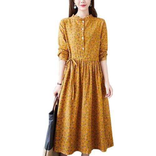Long sleeve plus size cotton Linen vintage floral women casual Loose autumn dress elegant 2021 ladies dresses