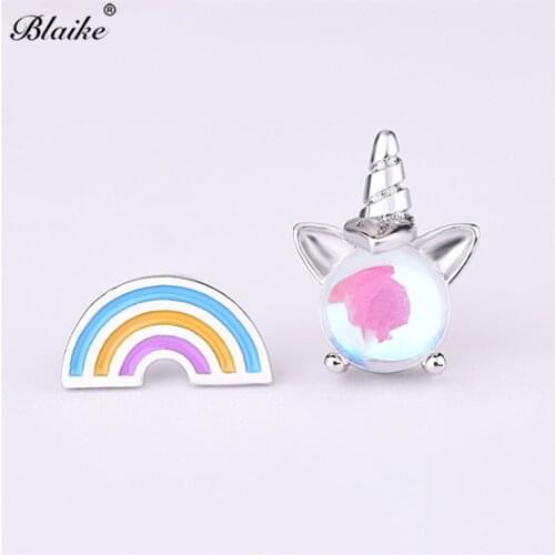 Blaike Silver Color Rainbow Unicorn Stud Earrings Moonstone Asymmetrical Earrings For Women Wedding Party Jewelry