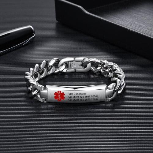 Free Engrave Emergency Medical Bracelets for Men Women ID Bracelets for Adults Stainless Steel Silver Chain Bracelets & Bangles