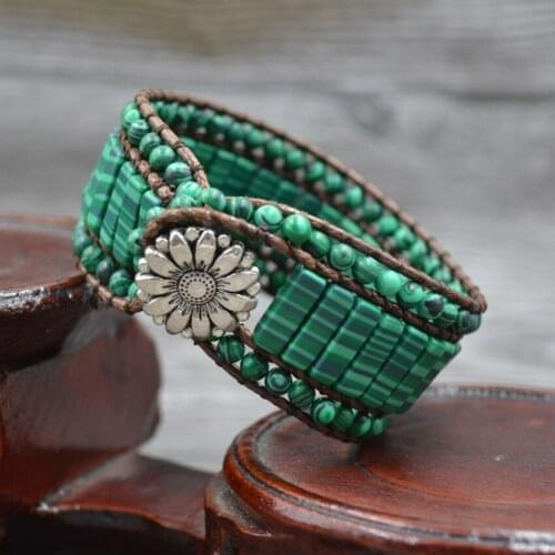 FYJS Unique Silver Plated Flower Stackable Geometric Shape Malachite Stone Bracelet Bohemian Style Jewelry